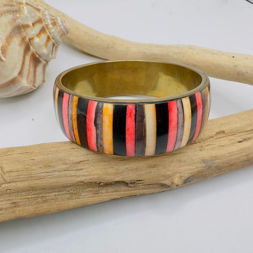 Vintage Multicolored Inlaid Striped Dyed Bone & Brass Bangle Bracelet
